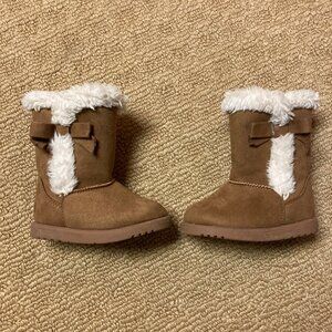 Falls Creek Kids Brown Faux Suede Fur-Lined Winter Boots 5 With Side Zipper Bow